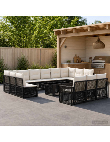 Set Divano da Giardino 14 pz Nero e Bianco Crema polyrattan