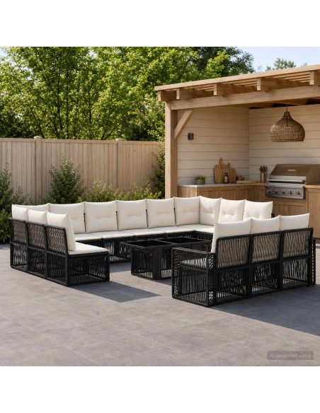 Set Divano da Giardino 14 pz Nero e Bianco Crema polyrattan