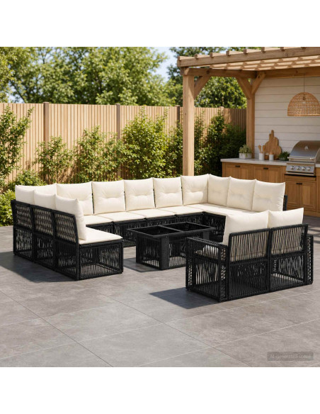 Set Divano da Giardino 13 pz Nero e Bianco Crema polyrattan