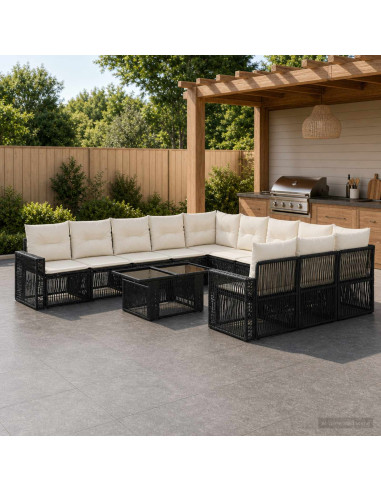 Set Divano da Giardino 12 pz Nero e Bianco Crema polyrattan