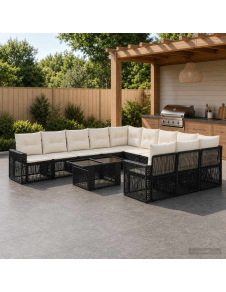 Set Divano da Giardino 12 pz Nero e Bianco Crema polyrattan