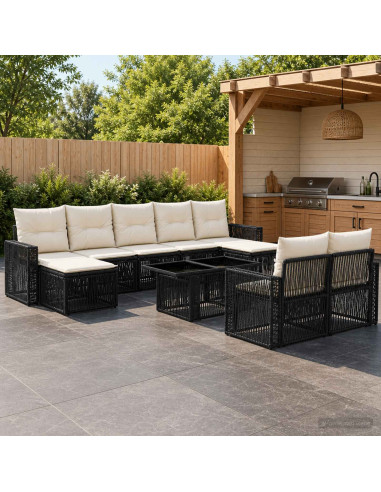 Set Divano da Giardino 10 pz Nero e Bianco Crema polyrattan