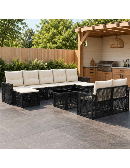 Set Divano da Giardino 10 pz Nero e Bianco Crema polyrattan
