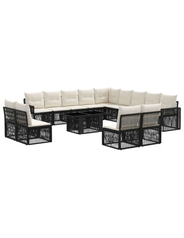 Set Divano da Giardino 14 pz Nero e Bianco Crema polyrattan