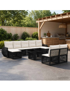 Set Divano da Giardino 10 pz Nero e Bianco Crema polyrattan