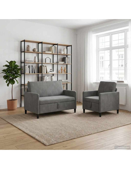 Set di Divani con Storage 2 pz Grigio Scuro Poliestere