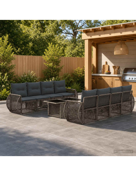 Set Divano da Giardino 9 pz Grigio e Grigio Scuro polyrattan