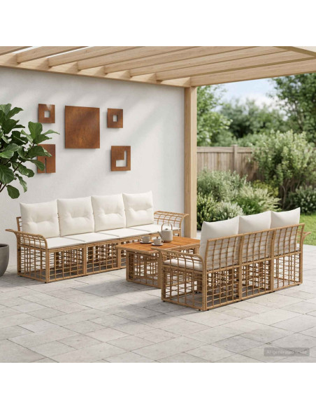 Set Divano da Giardino 8 pz Naturale e Bianco Crema polyrattan