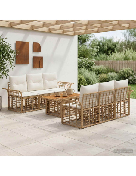 Set Divano da Giardino 7 pz Naturale e Bianco Crema polyrattan