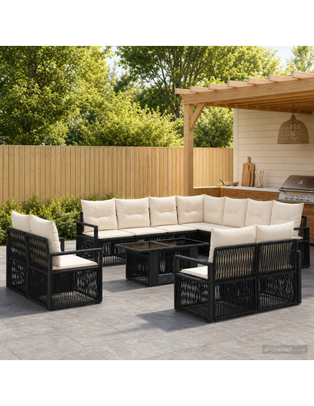 Set Divano da Giardino 12 pz Nero e Bianco Crema polyrattan