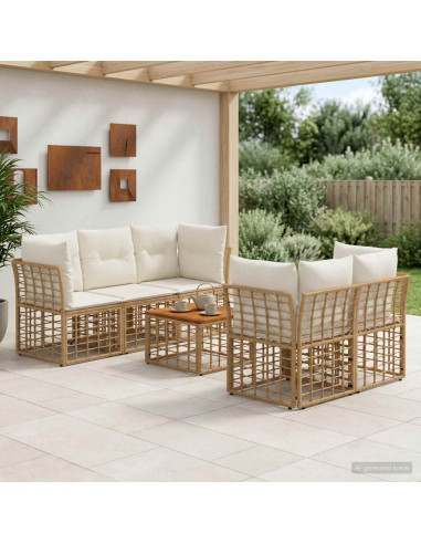 Set di divani da esterno 6 pz Naturale e Bianco Crema