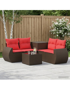 Set di divani 6 pz Marrone e Rosso Rattan sintetico e Acciaio