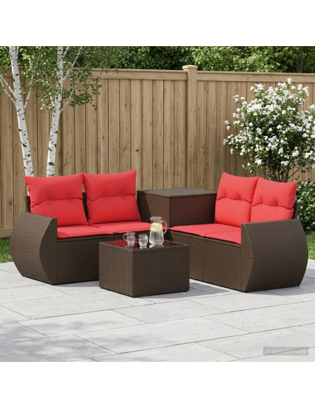 Set di divani 6 pz Marrone e Rosso Rattan sintetico e Acciaio