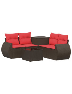 Set di divani 6 pz Marrone e Rosso Rattan sintetico e Acciaio 2