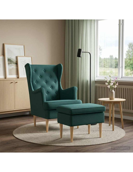 Poltrona con Ottomano 2 pz Verde Scuro Tessuto