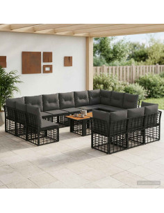 Set Divano da Giardino 14 pz Nero e Grigio scuro polyrattan
