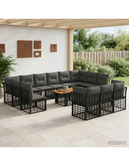 Set Divano da Giardino 14 pz Nero e Grigio scuro polyrattan