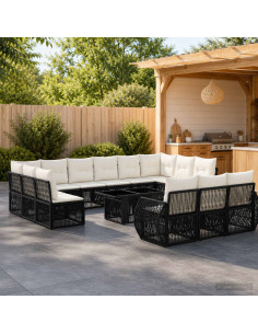 Set Divano da Giardino 14 pz Nero e Bianco Crema polyrattan