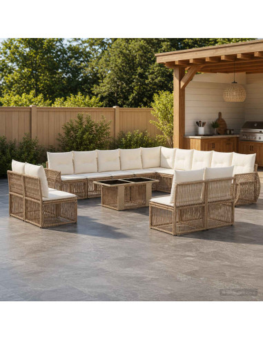 Set Divano da Giardino 14 pz Beige e Bianco Crema polyrattan