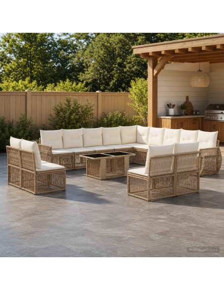 Set Divano da Giardino 14 pz Beige e Bianco Crema polyrattan