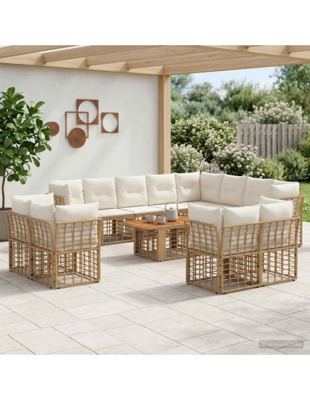 Set Divano da Giardino 13 pz Naturale e Bianco Crema polyrattan