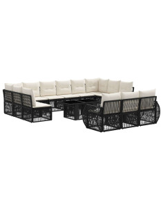 Set Divano da Giardino 14 pz Nero e Bianco Crema polyrattan 2