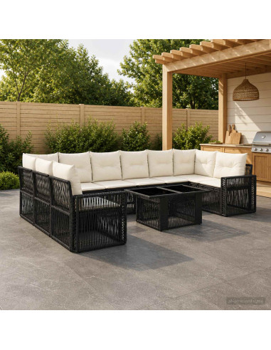 Set Divano da Giardino 11 pz Nero e Bianco Crema polyrattan
