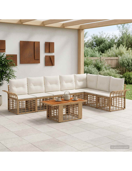 Set Divano da Giardino 8 pz Naturale e Bianco Crema polyrattan