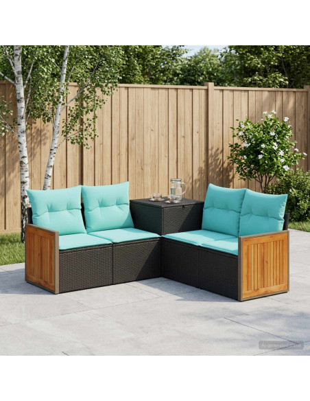 Set di divani 5 pz Nero e Blu Rattan sintetico e Acciaio