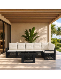 Set Divano da Giardino 7 pz Nero e Bianco Crema polyrattan