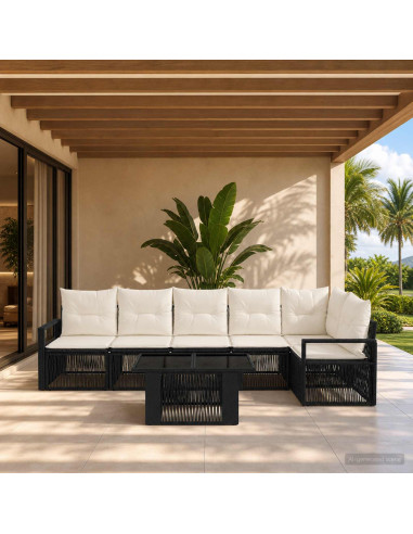 Set Divano da Giardino 7 pz Nero e Bianco Crema polyrattan