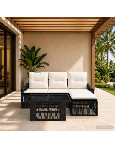 Set Divano da Giardino 5 pz Nero e Bianco Crema polyrattan