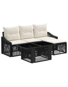 Set Divano da Giardino 5 pz Nero e Bianco Crema polyrattan 2