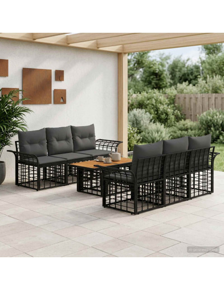 Set Divano da Giardino 7 pz Nero e Grigio scuro polyrattan