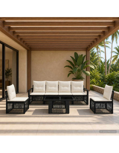 Set Divano da Giardino 7 pz Nero e Bianco Crema polyrattan