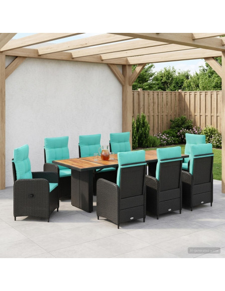 Set da pranzo per esterni 9 pz Nero e Turchese polyrattan