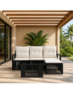 Set Divano da Giardino 5 pz Nero e Bianco Crema polyrattan