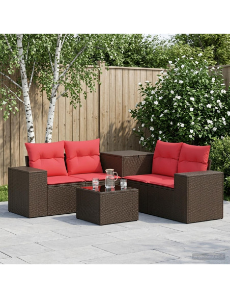 Set di divani 6 pz Marrone e Rosso Rattan sintetico e Acciaio