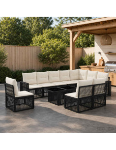 Set Divano da Giardino 11 pz Nero e Bianco Crema polyrattan