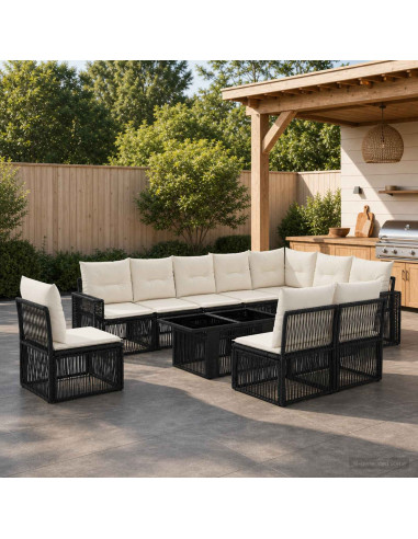 Set Divano da Giardino 11 pz Nero e Bianco Crema polyrattan