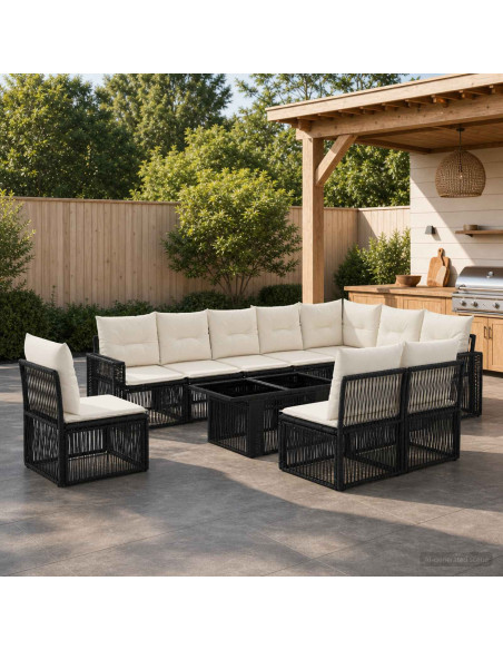 Set Divano da Giardino 11 pz Nero e Bianco Crema polyrattan
