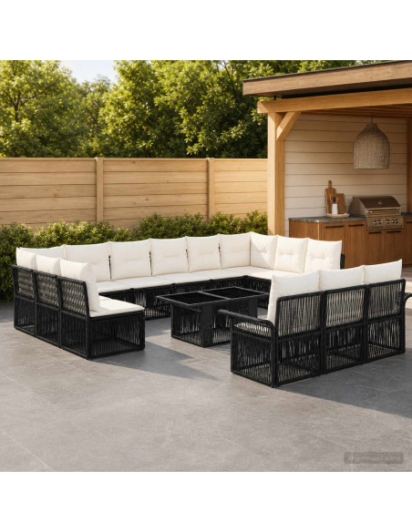 Set Divano da Giardino 14 pz Nero e Bianco Crema polyrattan