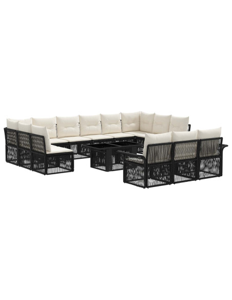 Set Divano da Giardino 14 pz Nero e Bianco Crema polyrattan