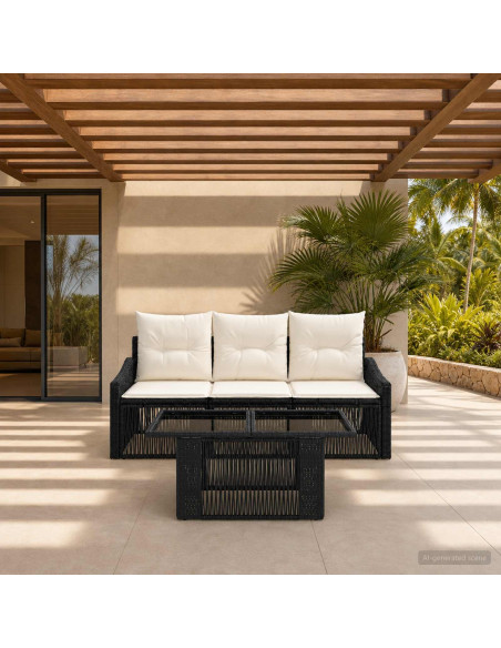 Set Divano da Giardino 4 pz Nero e Bianco Crema polyrattan