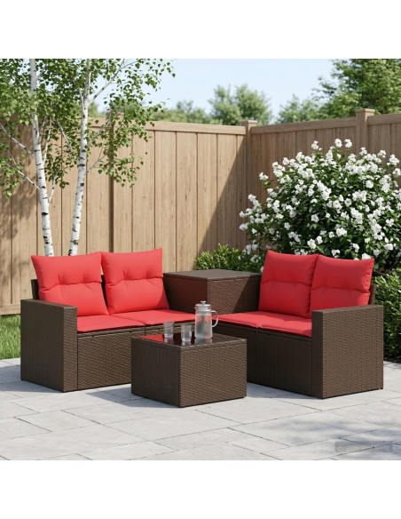 Set di divani 6 pz Marrone e Rosso Rattan sintetico e Acciaio