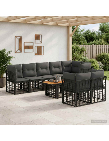 Set Divano da Giardino 9 pz Nero e Grigio scuro polyrattan