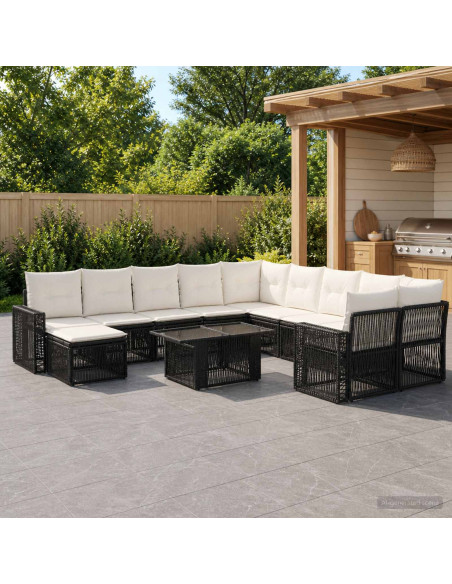 Set Divano da Giardino 12 pz Nero e Bianco Crema polyrattan
