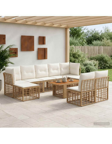 Set Divano da Giardino 10 pz Naturale e Bianco Crema polyrattan