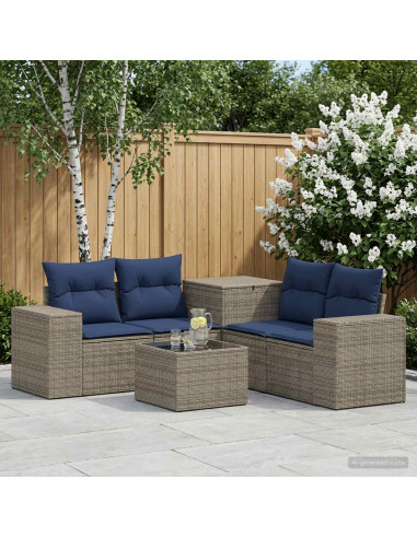 Set di divani 6 pz Grigio e Blu Navy Rattan sintetico e Acciaio