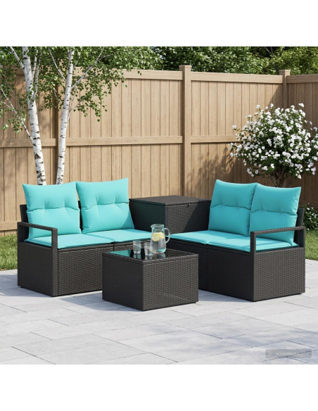 Set di divani 6 pz Nero e Blu Rattan sintetico e Acciaio